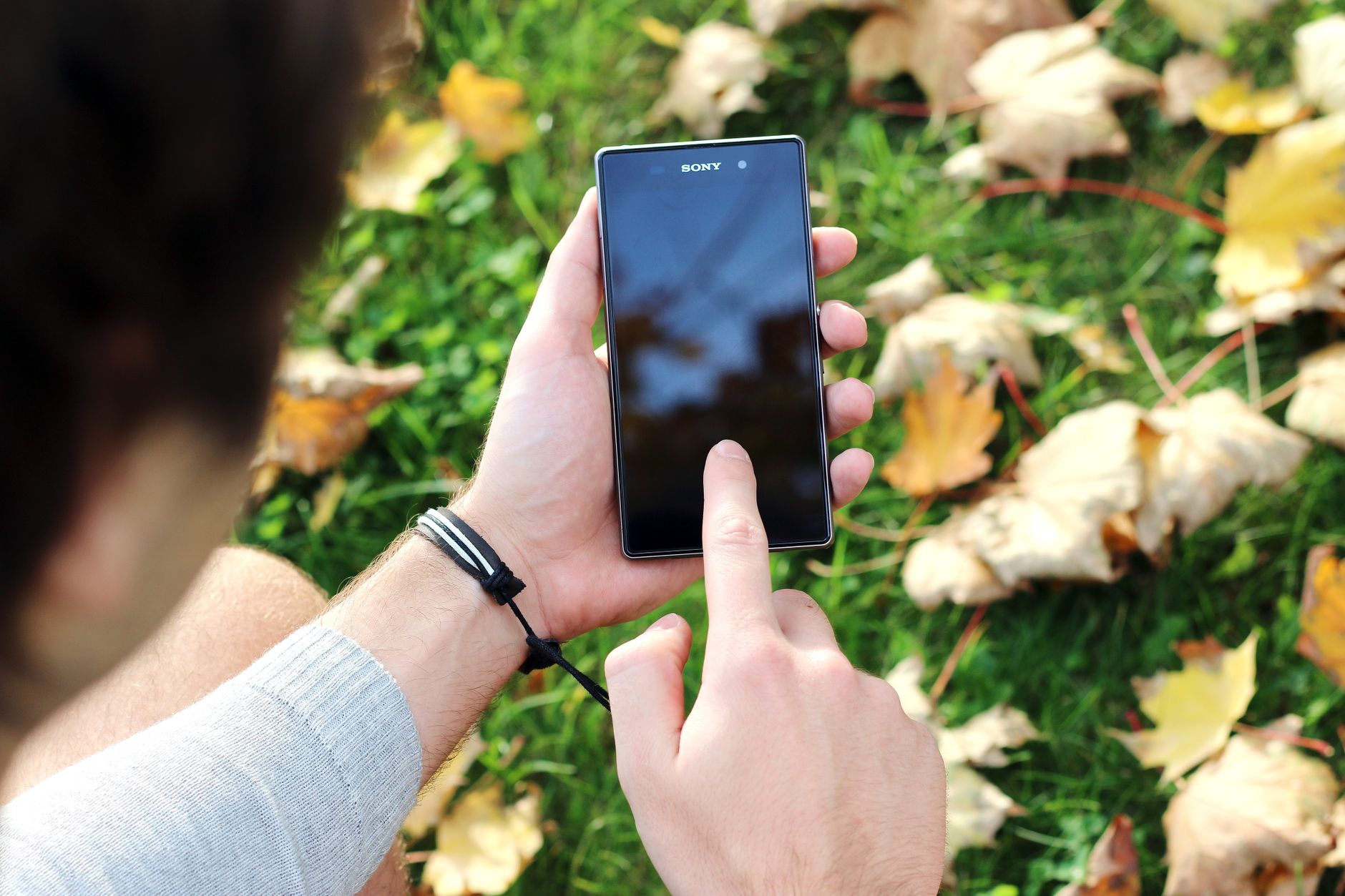 Vue par-dessus l’épaule d’une personne qui touche l’écran d’un smartphone, assise sur l’herbe parmi des feuilles d’automne.